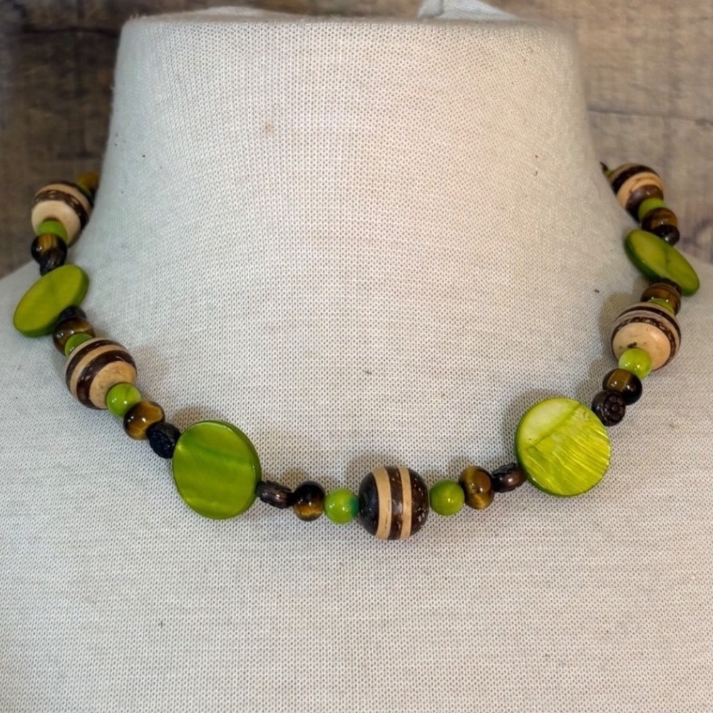 Handmade Boho Beaded Necklace Green Shell Wood Tiger Eye Toggle Clasp 19"